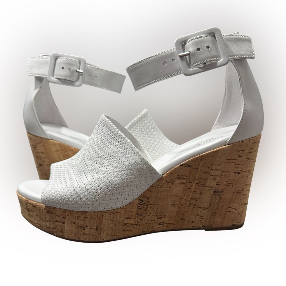 Nero Giardini Loira Bianco Textured Leather Platform Cork Ankle Strap Wedges - Picture 2 of 12